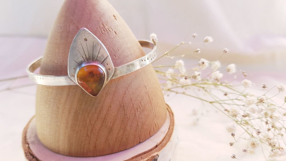 red amber stone sterling silver bangle