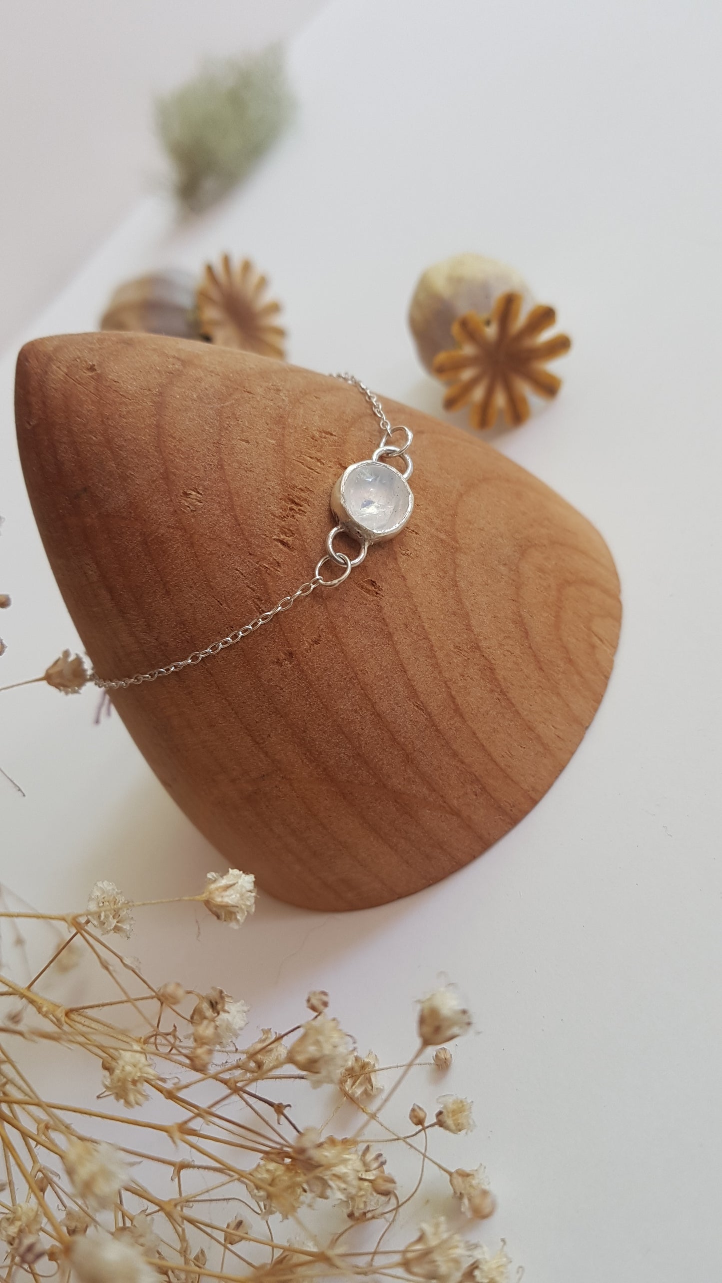 Round Rainbow Moonstone Sterling Silver Bracelet