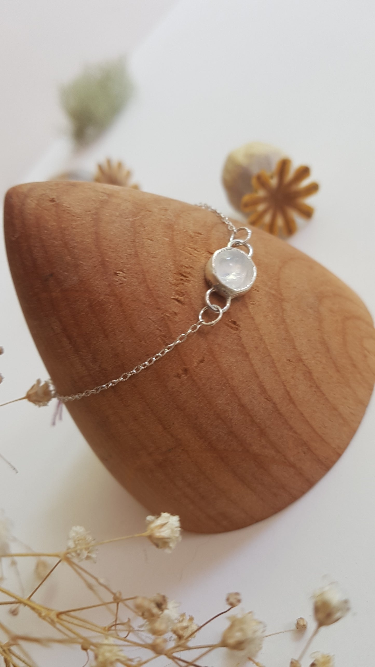 Round Rainbow Moonstone Sterling Silver Bracelet