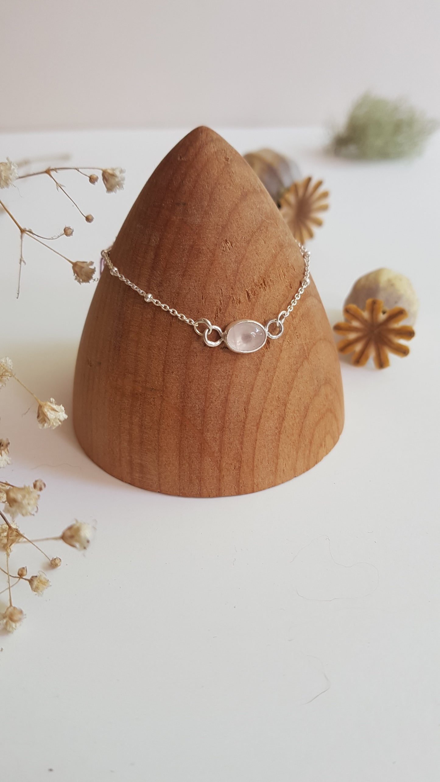 Oval Pink Rose Quartz Sterling Silver Bracelet