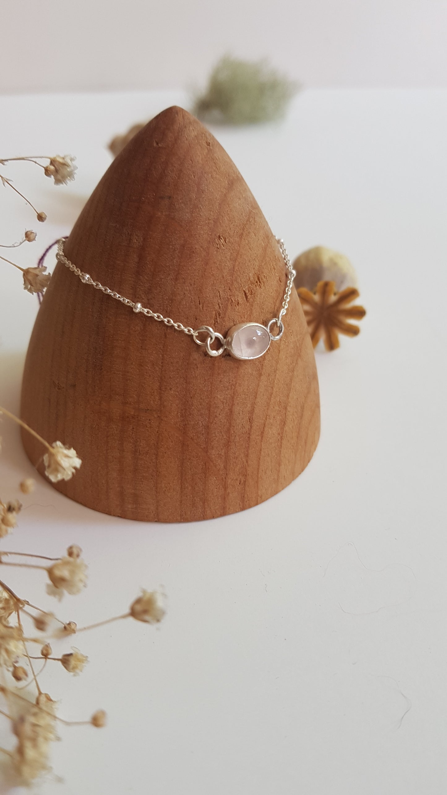 Oval Pink Rose Quartz Sterling Silver Bracelet