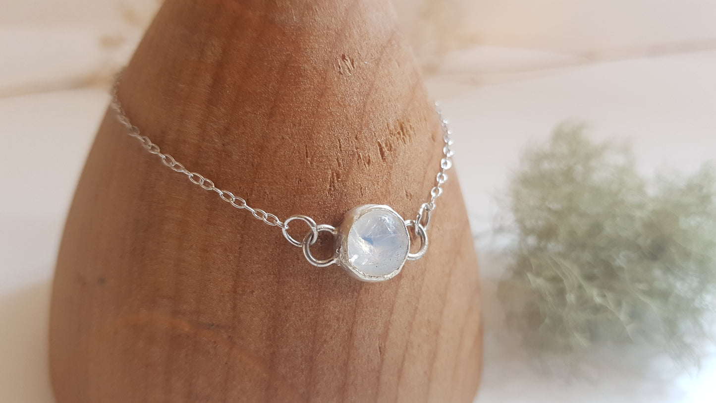Round Rainbow Moonstone Sterling Silver Bracelet