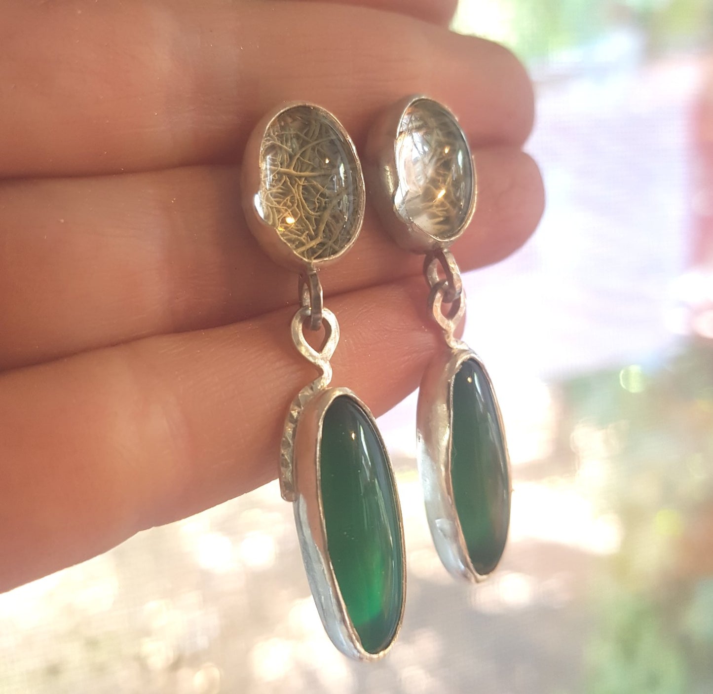 Green Agate and Lichen stud Earrings