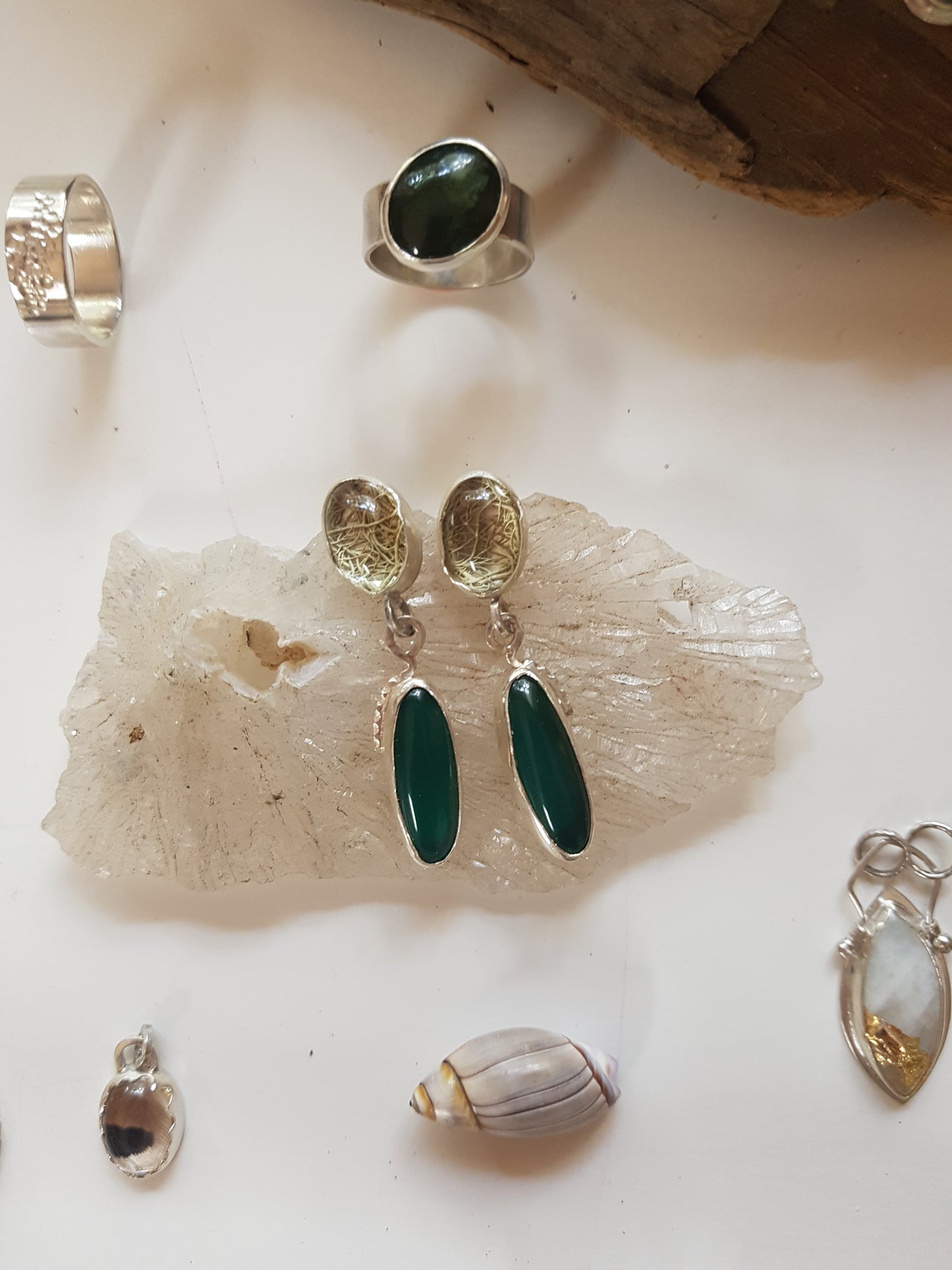 Green Agate and Lichen stud Earrings