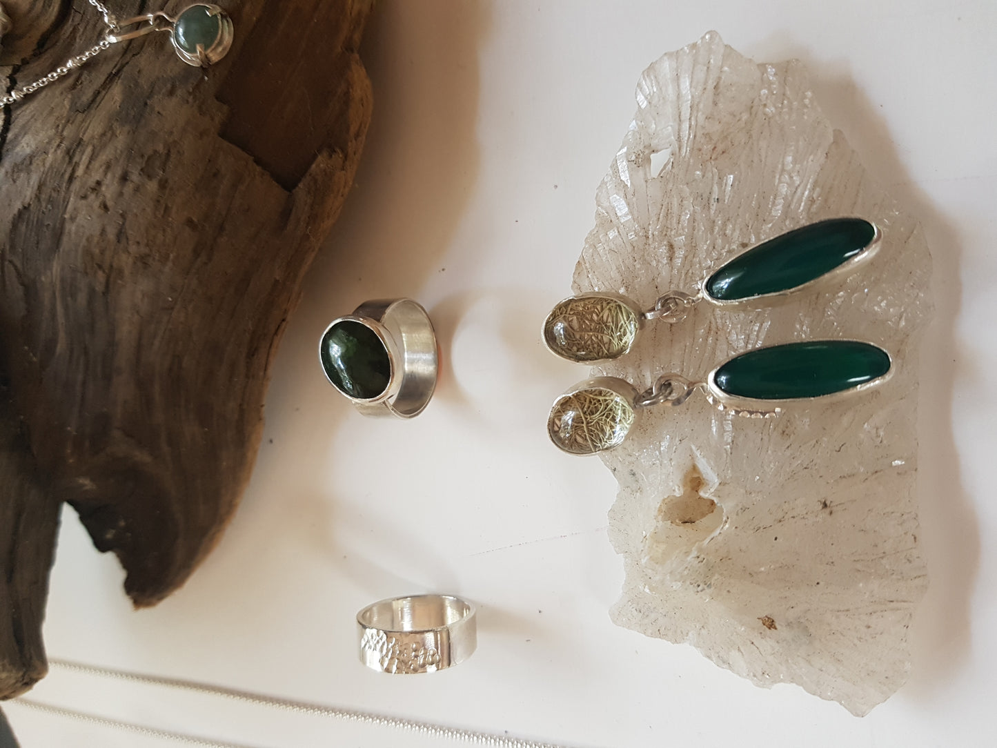 Green Agate and Lichen stud Earrings