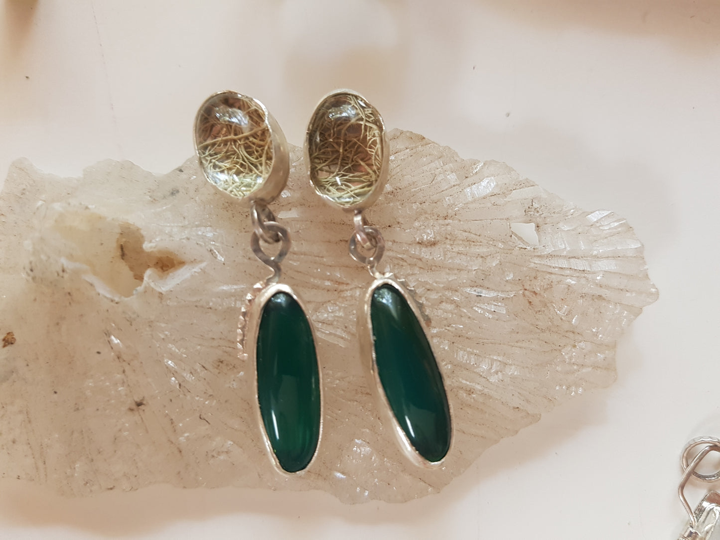 Green Agate and Lichen stud Earrings