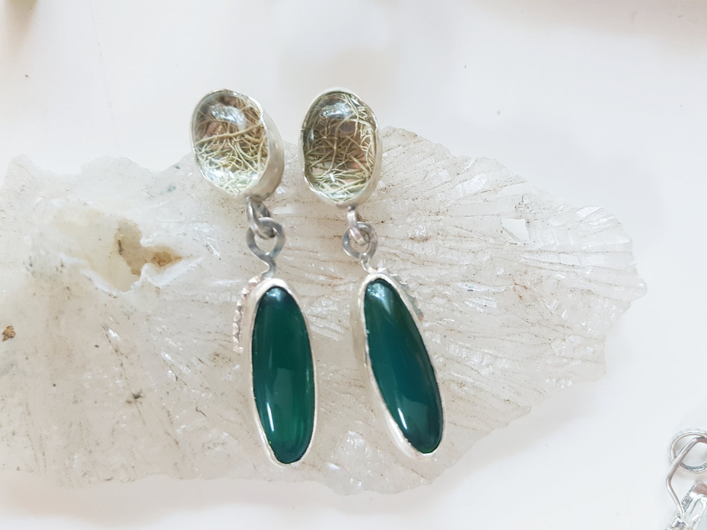 Green Agate and Lichen stud Earrings