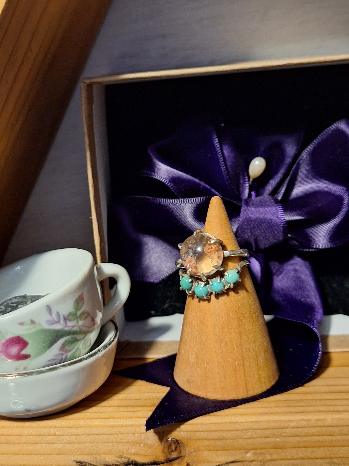Lodolite and Turquoise Ring Set